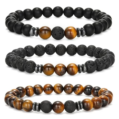 APMGONT 8 mm Perlenarmbänder Set, 3 pcs Perlenarmband Herren mit Schwarzen Lavastein, Naturstein Yoga Perlen Elastische Armbänder Verstellbares Herren Armbänder Set Geschenke für Männer (Tigerauge) von APMGONT