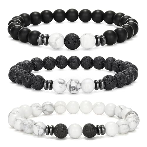 APMGONT 8 mm Perlenarmbänder Set, 3 pcs Perlenarmband Herren mit Schwarzen Lavastein, Naturstein Yoga Perlen Elastische Armbänder Verstellbares Herren Armbänder Set Geschenke für Männer (WeiB) von APMGONT