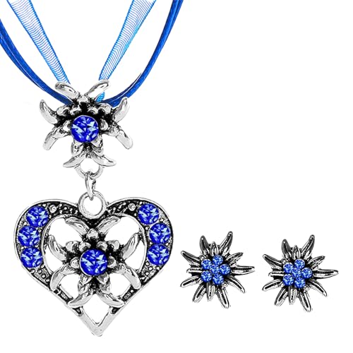 APMGONT 3 Stück Bayerisch Dirndlschmuck Set für Damen, Trachtenkette mit Strass Edelweiß Herz Anhänger Edelweiß Ohrstecker Trachtenschmuck Set für Oktoberfest Bierfest Dirndl (Blau) von APMGONT