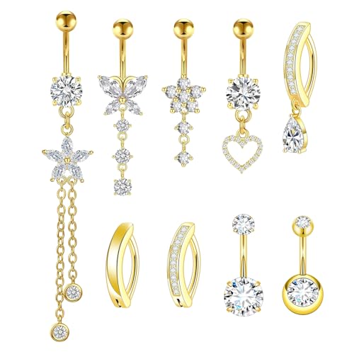 APMGONT 9 Stück Edelstahl Piercing Bauchnabel Gold/Silber 14G Bauchnabel Bars Piercing Schmuck Stern Schmetterling Quaste Herz Bauchnabelpiercing Damen (Gold) von APMGONT
