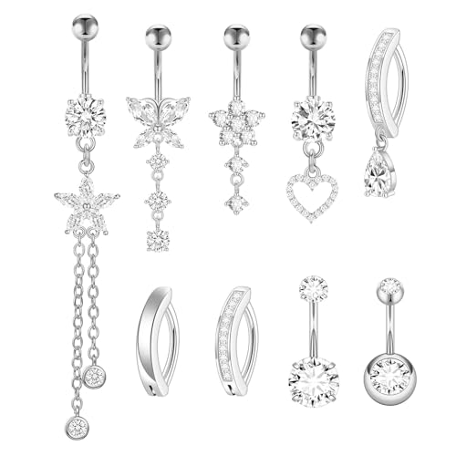 APMGONT 9 Stück Edelstahl Piercing Bauchnabel Gold/Silber 14G Bauchnabel Bars Piercing Schmuck Stern Schmetterling Quaste Herz Bauchnabelpiercing Damen (Silber) von APMGONT