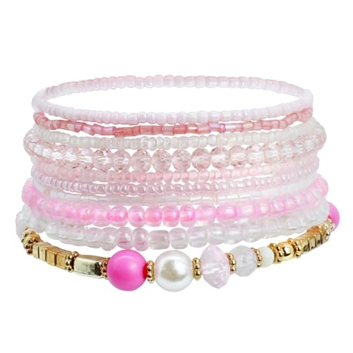 APMGONT Bohemian Beaded Multi-Layer Armbänder Stackable Stretch Strand Crystal Beaded Armbänder Bangles Boho Handmade Armbänder Schmuck Geschenke für Frauen Mädchen (Rosa) von APMGONT