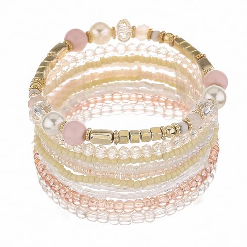APMGONT Bohemian Beaded Multi-Layer Armbänder Set - Stackable Stretch Strand Crystal Bangles - Boho Handmade Schmuck Geschenke für Frauen Mädchen (Beige) von APMGONT