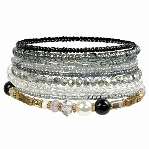 APMGONT Bohemian Beaded Multi-Layer Armbänder Stackable Stretch Strand Crystal Beaded Armbänder Bangles Set Boho Handmade Armbänder Schmuck Geschenke für Frauen Mädchen (Grau) von APMGONT