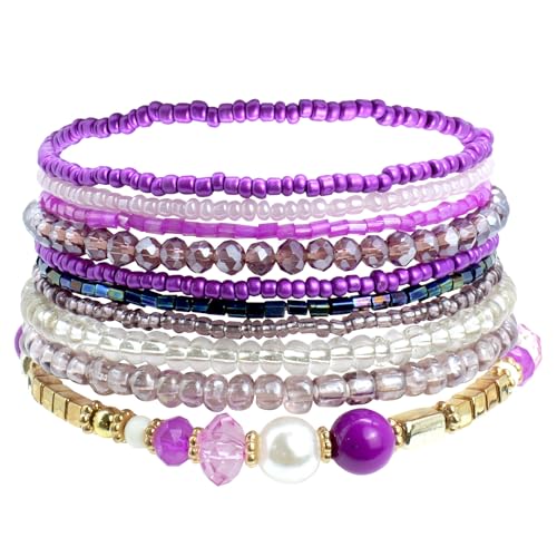 APMGONT Bohemian Beaded Multi-Layer Armbänder Stackable Stretch Strand Crystal Beaded Bangles Set Boho Handmade Armbänder Schmuck Geschenke für Frauen Mädchen (Lila) von APMGONT