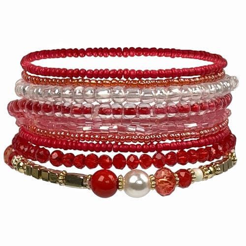 APMGONT Bohemian Beaded Multi-Layer Armbänder Set - Stackable Stretch Strand Crystal Bangles - Boho Handmade Schmuck Geschenke für Frauen Mädchen (Rot) von APMGONT