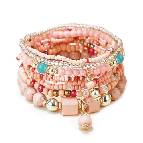 APMGONT Bohemian Beaded Multi-Layer Armbänder Stackable Stretch Strand Crystal Beaded Armbänder Boho Handmade Armband Schmuck Geschenke für Frauen Mädchen (Rosa 4) von APMGONT