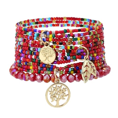 APMGONT Bohemian Beaded Multi-Layer Armbänder Stackable Stretch Strand Crystal Beaded Armbänder Boho Handmade Armband Schmuck Geschenke für Frauen Mädchen (Rot 3) von APMGONT