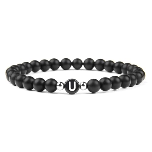 APMGONT Damen Herren Perlen Buchstaben Armband, Onyx Perlenarmband mit Buchstaben, Perlen Armband mit Initialen, Armband mit Buchstaben in Schwarz, Partnerarmbänder mit Naturstein Perlen (U) von APMGONT
