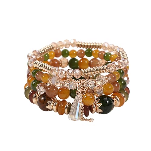 APMGONT Boho Kristall Perlen Armband, 4 Stück Boho Quaste Armbänder für Damen, Natürliches Kristall Heilsteine Armband, Statement Armreifen für Weihnachten, Valentinstag, Geburtstag (Dunkelgrün) von APMGONT