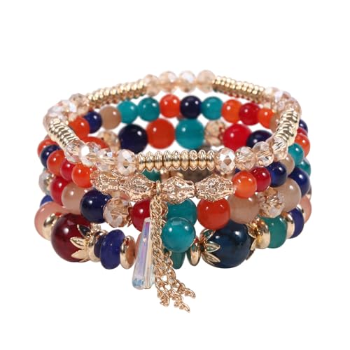 APMGONT Boho Kristall Perlen Armband, 4 Stück Boho Quaste Armbänder für Damen, Natürliches Kristall Heilsteine Armband, Statement Armreifen für Weihnachten, Valentinstag, Geburtstag (Dunkle Farbe) von APMGONT