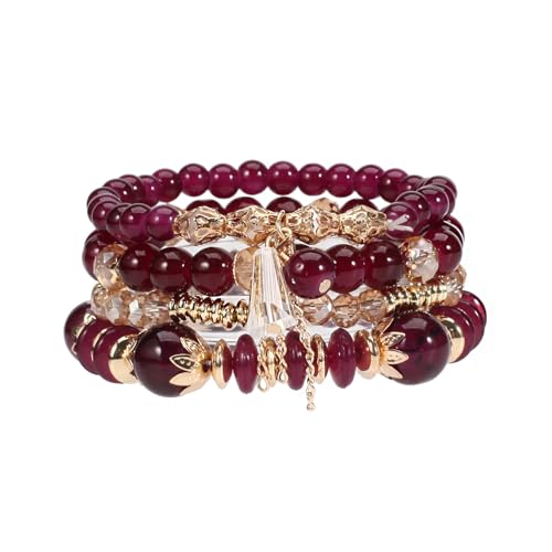APMGONT Boho Kristall Perlen Armband, 4 Stück Boho Quaste Armbänder für Damen, Natürliches Kristall Heilsteine Armband, Statement Armreifen für Weihnachten, Valentinstag, Geburtstag (Violett) von APMGONT