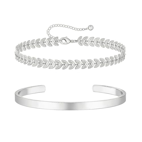 APMGONT Herren Armbänder 2 Stück Kette Armband für Männer, Edelstahl Verstellbare Link Kette Armband, Silber Vergoldet Offen Armreif, Weihnachten Geschenke für Frauen Männer (Silber D) von APMGONT