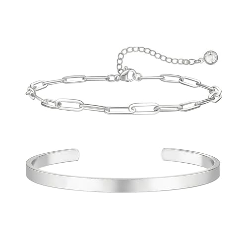 APMGONT Herren Armbänder 2 Stück Kette Armband für Männer, Edelstahl Verstellbare Link Kette Armband, Silber Vergoldet Offen Armreif, Weihnachten Geschenke für Frauen Männer (Silber A) von APMGONT