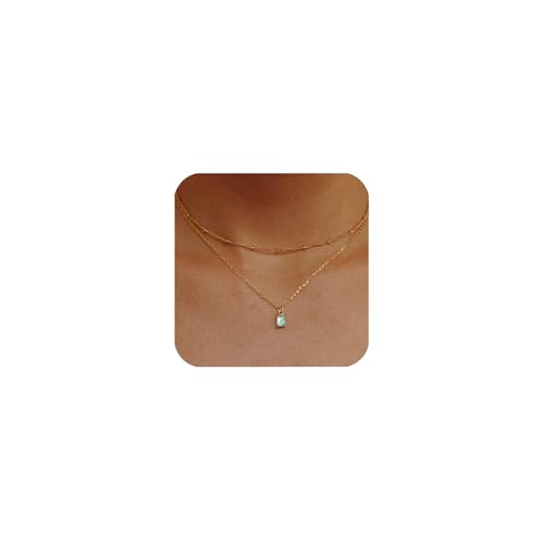 APMGONT Kette Damen Geburtsstein Kette Gold Damen Layered Kette mit Rechteck Anhänger Geburtsstein Anhänger Halskette für Frauen Mädchen Schmuck Geschenke (Oktober-Opal) von APMGONT