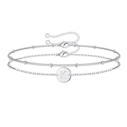 APMGONT Layered Damen Silber Initial Armband, Edelstahl Mehrlagige Charm Armband mit Gravur Buchstaben, Personalisierte A-Z Buchstaben Armband Geschenk für Frauen Mädchen (Silber-K) von APMGONT