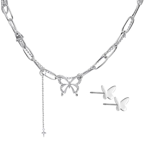 APMGONT Schmetterling Anhänger Halskette Kette Damen Punk Schmetterling Quaste Halskette Kette Layered Damen Bohème Schmetterling Halskette und Schmetterling Ohrringe Schmuck Frauen (Silber Satz#1) von APMGONT