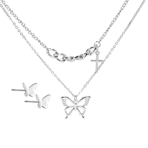 APMGONT Schmetterling Anhänger Halskette Kette Damen Punk Schmetterling Quaste Halskette Kette Layered Damen Bohème Schmetterling Halskette und Schmetterling Ohrringe Schmuck Frauen (Silber Satz#3) von APMGONT