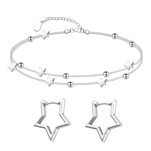 APMGONT Silber Armbänder für Frauen, Silber Creolen Ohrringe, Stern Schmuckset für Damen, Stern Armband, Perle Armband, Geschenk für Frauen Freundin Mama Mädchen (STERN 1) von APMGONT