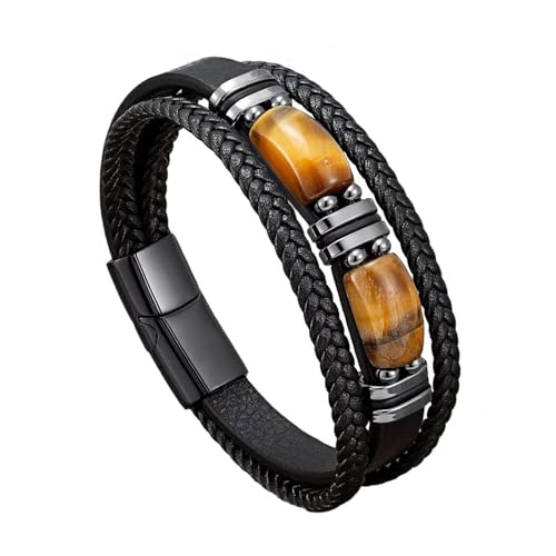 APMGONT Tigerauge Lederarmband Herren, Tigerauge Mehrlagiges Geflochtenes Lederarmband, Geflochtenes Tigerauge Lederarmband mit Magnetverschluss, Tigerauge Lederarmband Geschenk für Männer (B, 23) von APMGONT