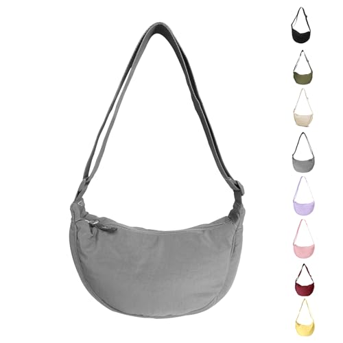 APMGONT Damen Halbmond Crossbody Schultertasche, Nylon Halfmoon Bag, Hobo Casual Crossbody Bag, Einfarbige Tragbare Halbmond-Tasche Umhängetasche mit verstellbarer Schultergurt (Grau) von APMGONT