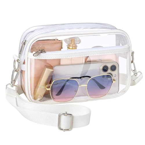 Durchsichtige Umhängetasche, PVC Transparente Tasche Damen Crossbody Schultertasche Wasserdichte Sling Bag mit Verstellbarem Gurt für Konzerte Sportveranstaltungen Shopping Wandern (Weiß Silberkette) von APMGONT