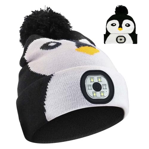 APODESS Kinder Mütze Mit LED Licht - USB Wiederaufladbare 4 LED Lampe Wintermütze - Warme Stirnlampe Strickmütze Leuchtmütze - Geschenkideen Weihnachten für Jungen Mädchen von APODESS