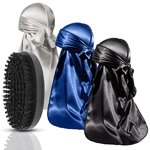 Seidige Durag mit Wellenbürste für Herren, Satin-Du-Rags-Wellen-Set, gebogen, weiche, mittlere und harte Borsten, 360 schwarz (gemischte Farben) von APOGEE A GROOMING EXPERIENCE