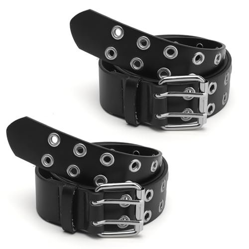 2PCS 110CM Schwarz Nietengürtel Damen Herren Studded Belt Punk Gürtel Nieten Teenager Mädchen Y2k Goth Ledergürtel Breiter Taillengürtel Women Damen-Gürtel für Jeans, Hip Hop Gothic Hosen Rockwear von APOMOONS