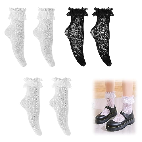 APOMOONS 3 Paar Rüschen Socken Damen Spitzen Socken Kurze Söckchen Prinzessinnen Socken Süße Gothic Stretch Baumwoll Socken Mode Spitzen Knöchelstrumpfband mit Rüschen von APOMOONS