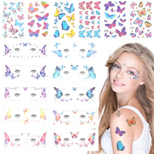 APOMOONS 16 Blatt Temporäre Tattoos Schmetterling Glitzer Face Art Tattoos Sticker Schmetterlinge Geischtstattoos Klebetattoos Gesicht Körper Aufkleber für Karneval Fasching Make Up Musikfestival von APOMOONS