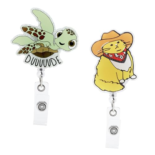 APOMOONS 2 Stück Ausweishalter Ausziehbar Lustige Krankenschwester Zubehör Schildkröten und Cowboykatze Abzeichen Ausweisrolle Einziehbare Badge Reel mit Clip für ärzte Freiwillige Lehrer Studenten von APOMOONS
