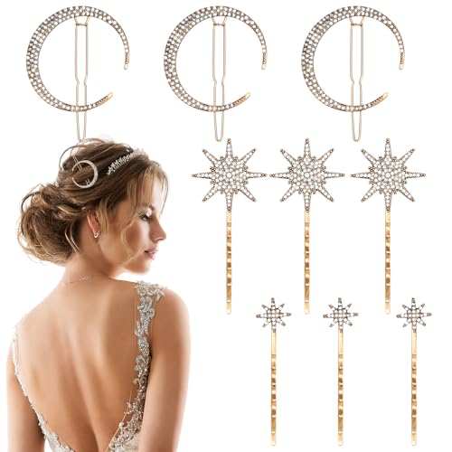 9 Stück Stern Mond Haarspangen mit Strasssteinen Haarnadeln Gold Haarspange Sterne Star Hair Clips Haarnadel für Braut und Hochzeit Glitzer Strass Haarschmuck Haar Accessoire für Frauen Mädchen von APOMOONS