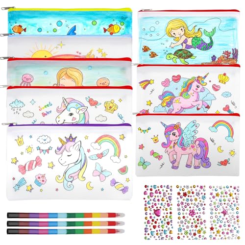 APOMOONS 8 Stück Federmäppchen zum Bemalen für Kinder mit 3 Wachsmalstifte Stapelbar und 3 Glitzersteine Aufkleber, Taschen zum Bemalen Mädchen Bastelset Stoffbeutel für Kindergeburtstag Gastgeschenke von APOMOONS