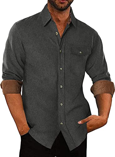 APOONABA Flanellhemd Herren Hemd Baumwolle Business Freizeithemd Langarm Flanell Hemden Einfarbig Western Langarmhemd Casual Shirts Regular Fit Frühling Herbst Winter Grau 2XL von APOONABA