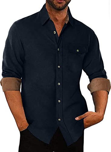 APOONABA Flanellhemd Herren Hemd Baumwolle Business Freizeithemd Langarm Flanell Hemden Einfarbig Western Langarmhemd Shirts Regular Fit Frühling Herbst Winter Blau 2XL von APOONABA