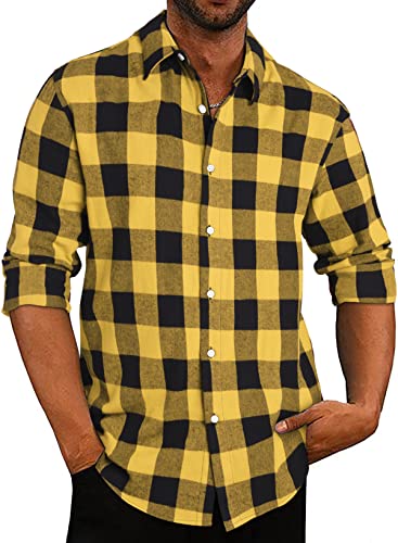 APOONABA Flanellhemd Herren Hemd Kariertes Freizeithemd Casual Flanell Hemden Langarmhemd Regular Fit Lose Baumwolle Langarm Button Down Shirts Herbst Frühling Sommer Gelb 2XL von APOONABA