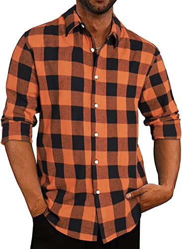 APOONABA Flanellhemd Herren Hemd Kariertes Freizeithemd Casual Flanell Hemden Langarmhemd Regular Fit Lose Baumwolle Langarm Button Down Shirts Herbst Frühling Sommer Orange M von APOONABA