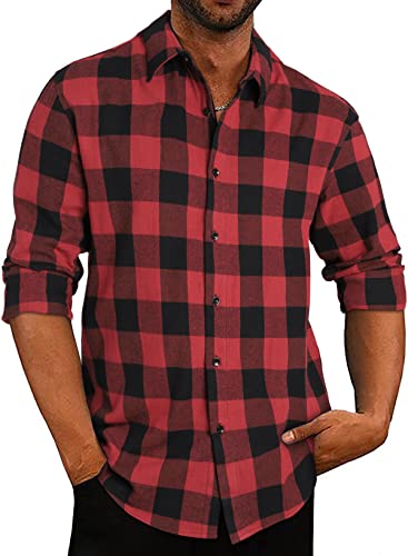 APOONABA Flanellhemd Herren Hemd Kariertes Freizeithemd Casual Flanell Hemden Langarmhemd Regular Fit Lose Baumwolle Langarm Button Down Shirts Herbst Frühling Sommer Rot S von APOONABA