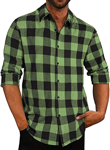 APOONABA Flanellhemd Herren Hemd Kariertes Freizeithemd Casual Langarmhemd Regular Fit Flanell Hemden Lose Baumwolle Langarm Button Down Shirts Herbst Frühling Sommer Grün XXL von APOONABA