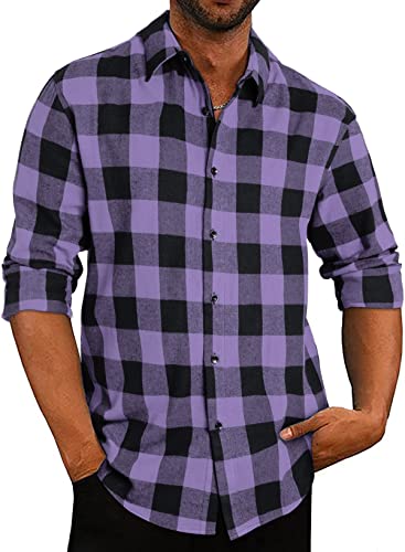 APOONABA Flanellhemd Herren Hemd Kariertes Freizeithemd Casual Langarmhemd Regular Fit Flanell Hemden Lose Baumwolle Langarm Button Down Shirts Herbst Frühling Sommer Lila L von APOONABA