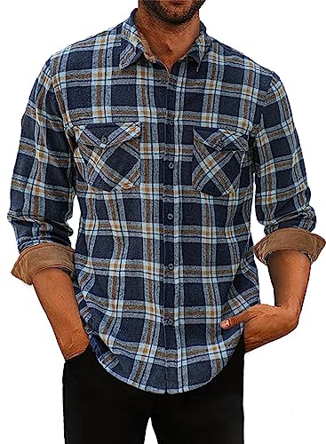 APOONABA Flanellhemd Herren Hemd Kariertes Hemden Flanell Langarmhemd Baumwolle Freizeithemd Langarm Button Down Western Shirts Regular Fit Blau L von APOONABA