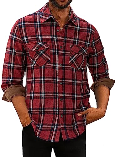 APOONABA Flanellhemd Herren Hemd Kariertes Hemden Flanell Langarmhemd Baumwolle Freizeithemd Langarm Button Down Western Shirts Regular Fit Rot L von APOONABA