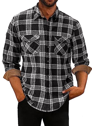 APOONABA Flanellhemd Herren Hemd Kariertes Hemden Flanell Langarmhemd Baumwolle Freizeithemd Langarm Button Down Western Shirts Regular Fit Schwarz L von APOONABA