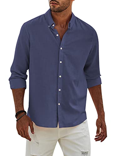 APOONABA Hemd Herren Buissnes Leinenhemd Freizeithemd Casual Leinen Bluse Langarm Shirts Regular Fit Western Hemden Baumwolle Langarmhemd Frühling Herbst Blau L von APOONABA