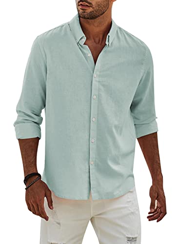 APOONABA Hemd Herren Buissnes Leinenhemd Freizeithemd Casual Leinen Bluse Langarm Shirts Regular Fit Western Hemden Baumwolle Langarmhemd Frühling Herbst Grün 2XL von APOONABA