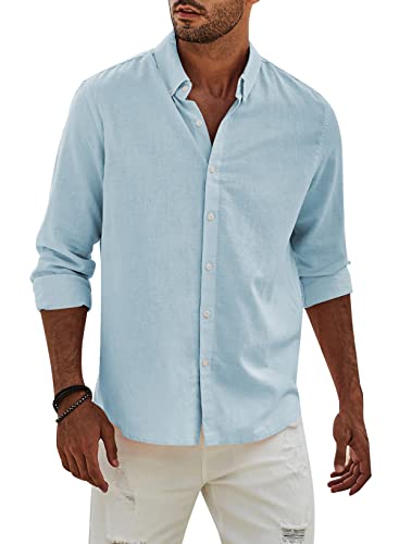 APOONABA Hemd Herren Buissnes Leinenhemd Freizeithemd Casual Leinen Bluse Langarm Shirts Regular Fit Western Hemden Baumwolle Langarmhemd Frühling Herbst Himmelblau 2XL von APOONABA