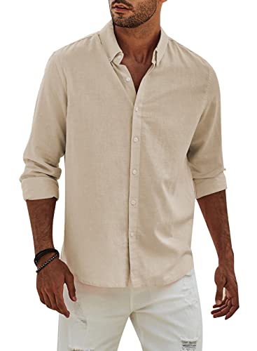 APOONABA Hemd Herren Buissnes Leinenhemd Freizeithemd Casual Leinen Bluse Langarm Shirts Regular Fit Western Hemden Baumwolle Langarmhemd Frühling Sommer Herbst Beige 2XL von APOONABA