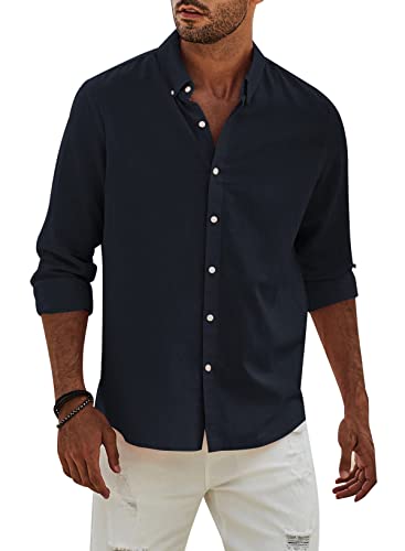 APOONABA Hemd Herren Buissnes Leinenhemd Freizeithemd Casual Leinen Bluse Langarm Shirts Regular Fit Western Hemden Baumwolle Langarmhemd Frühling Sommer Herbst Blau S von APOONABA