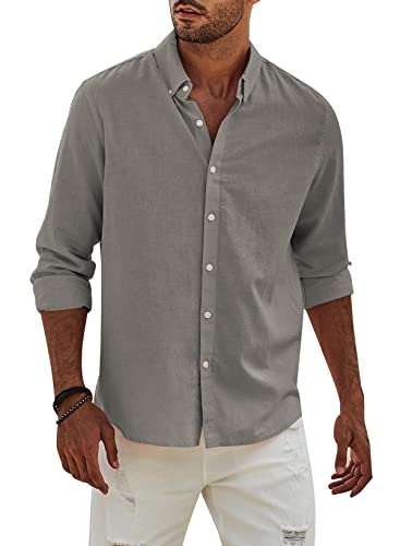 APOONABA Hemd Herren Buissnes Leinenhemd Freizeithemd Casual Leinen Bluse Langarm Shirts Regular Fit Western Hemden Baumwolle Langarmhemd Frühling Sommer Herbst Grau 2XL von APOONABA